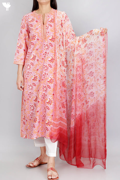 Bizzy Lizzy Kurta With Chiffon Dupatta In FloralBlock Print