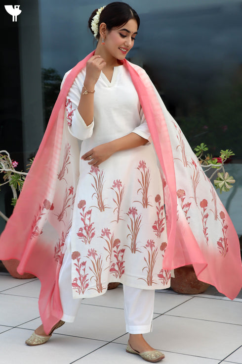 Chanderi silk Kurta dupatta in floral block print