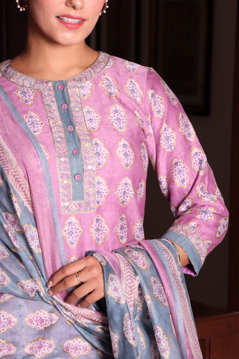 Chanderi Silk Kurta Dupatta Set With Gold Block Print