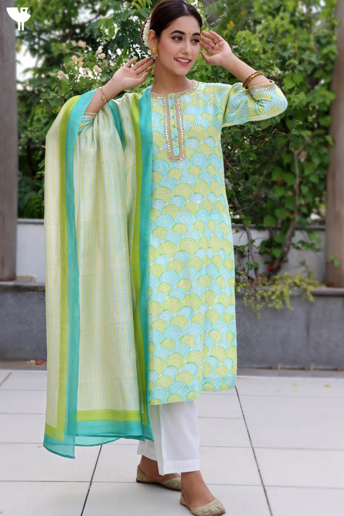 Chanderi Silk Kurta Dupatta Set In Gold Block Print