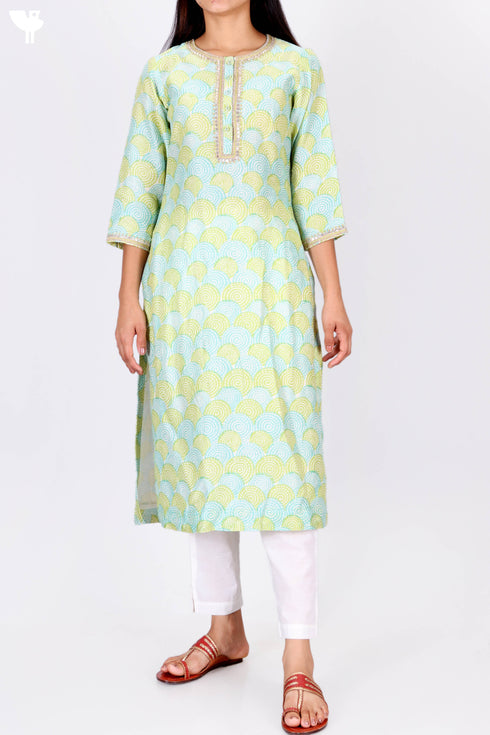 Chanderi Silk Kurta Dupatta Set In Gold Block Print
