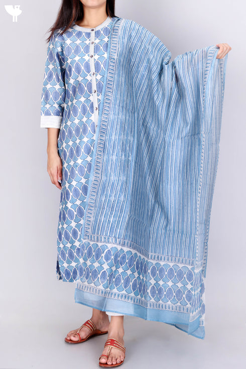 Chanderi Silk Kurta Dupatta Set In Graphic Block Print