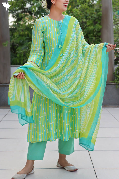 Chanderi Silk Kurta Dupatta In Striped Block Print