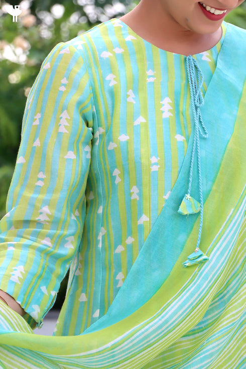 Chanderi Silk Kurta Dupatta In Striped Block Print