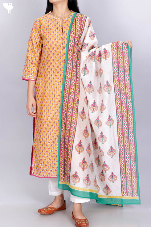 Chanderi Silk Kurta Dupatta Set In Floral Block Print