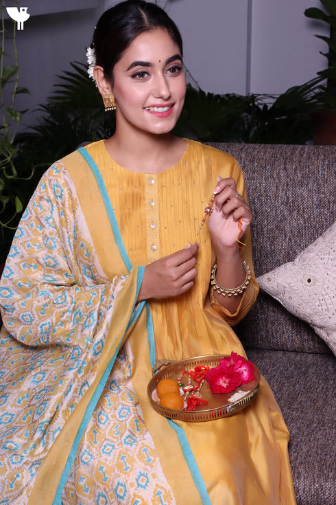 Chanderi Silk Kurta With Dupatta In Floral Block Print