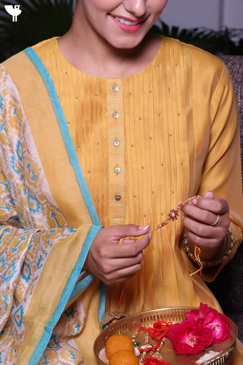 Chanderi Silk Kurta With Dupatta In Floral Block Print