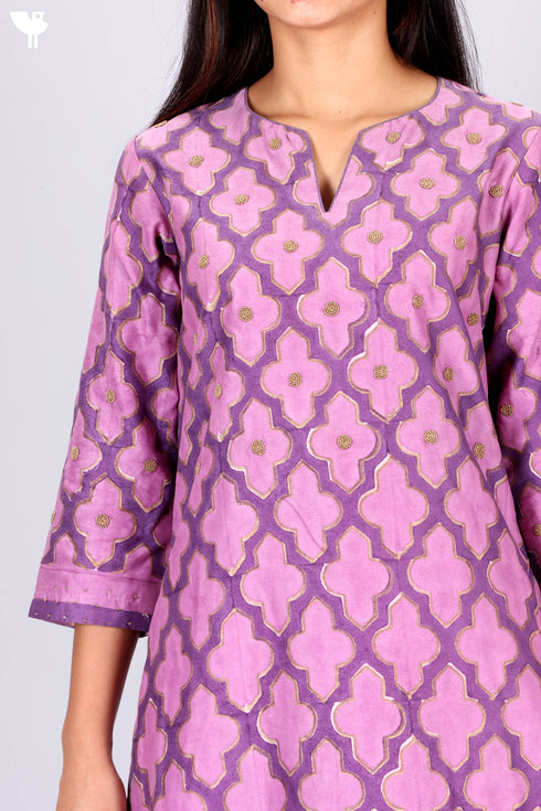 Chanderi Silk Kurta Dupatta Set In Gold Block Print