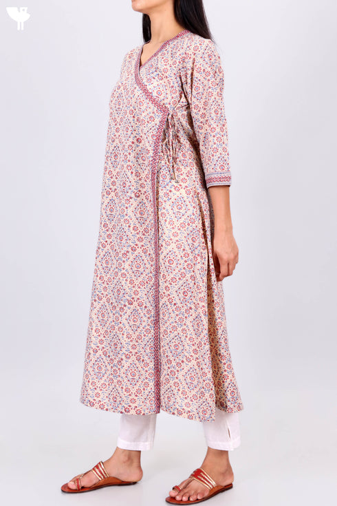 Terry Voile Angarakha Kurta With Chiffon Dupatta In Block Print