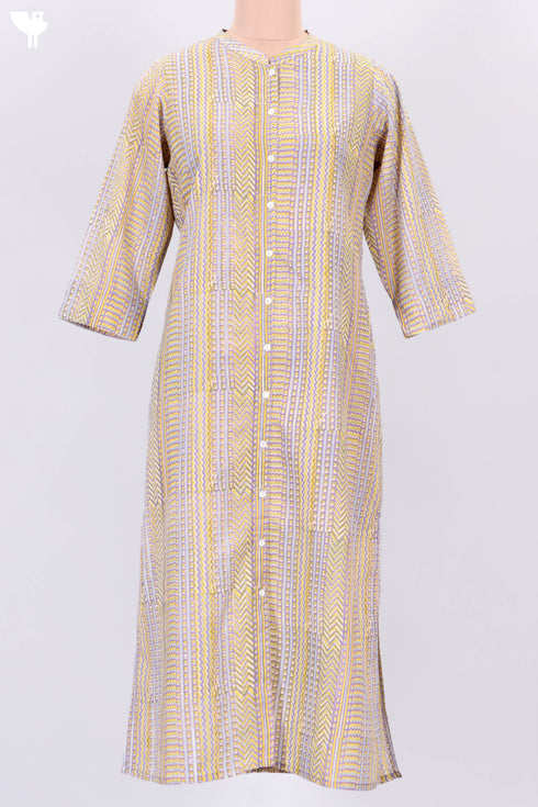 Terry Voile Kurta With Chiffon Dupatta In Graphic Block Print