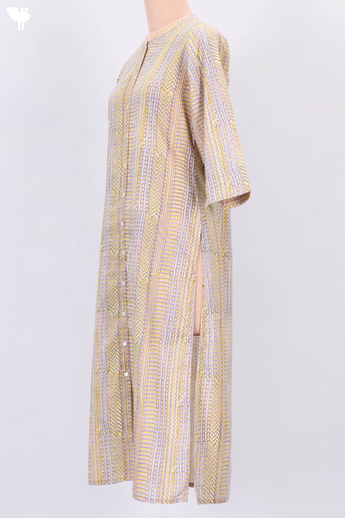 Terry Voile Kurta With Chiffon Dupatta In Graphic Block Print