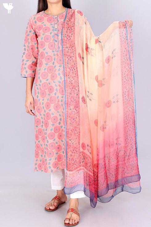 Terry Voile Kurta With Chiffon Dupatta In Floral Block Print