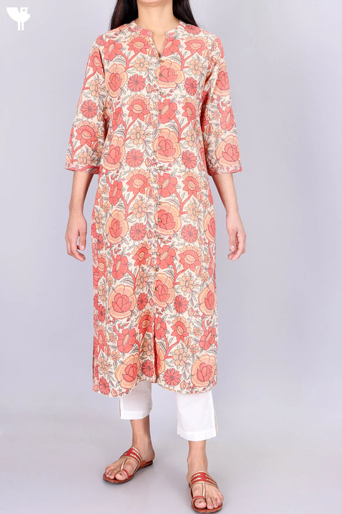 Terry Voile Kurta With Chiffon Dupatta In Floral Block Print