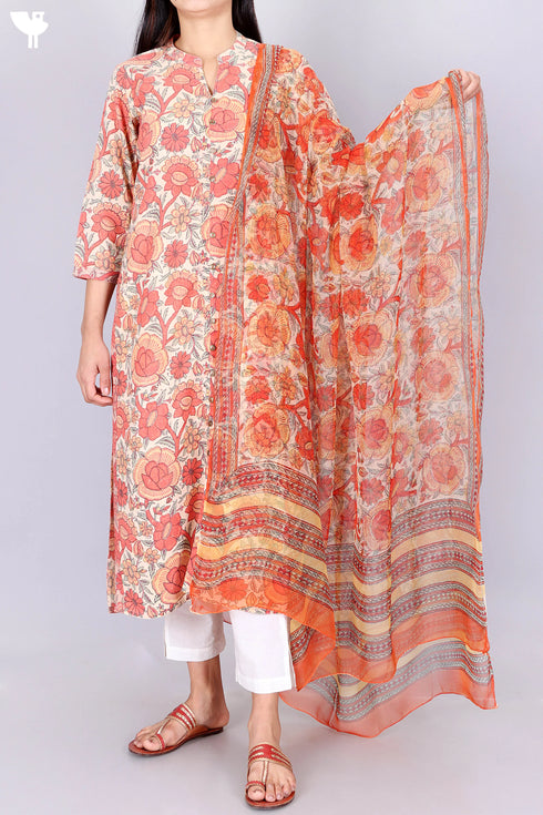 Terry Voile Kurta With Chiffon Dupatta In Floral Block Print