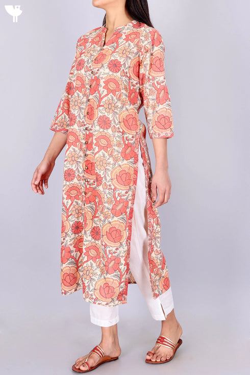 Terry Voile Kurta With Chiffon Dupatta In Floral Block Print