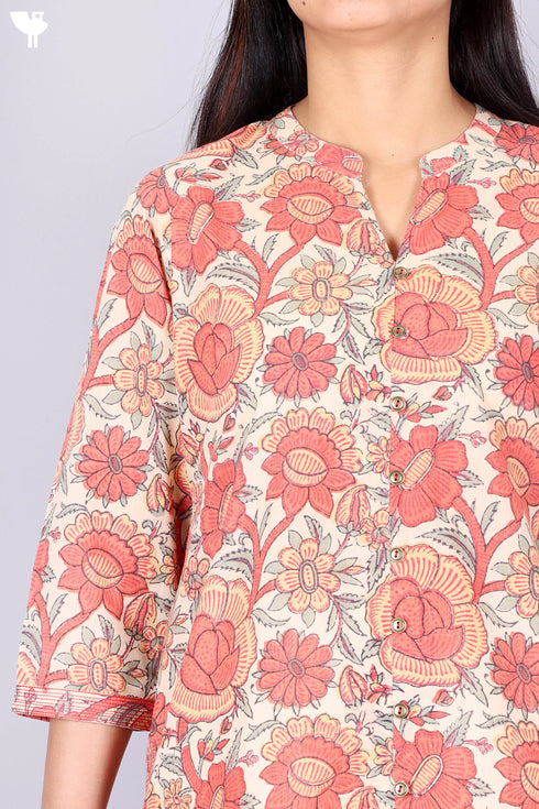 Terry Voile Kurta With Chiffon Dupatta In Floral Block Print