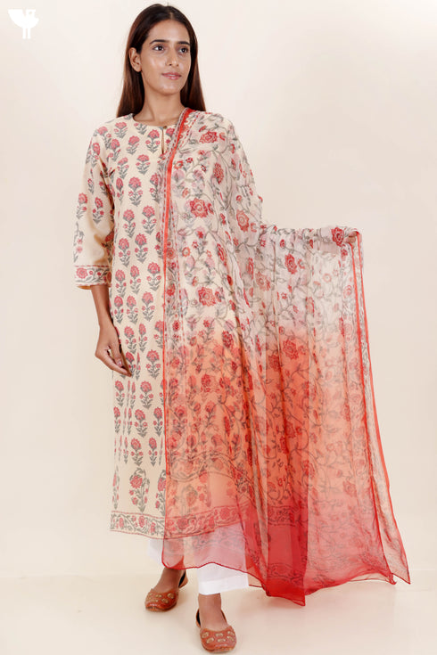 Terry Voile Kurta With Chiffon Dupatta In Graphic Block Print