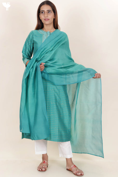 Chanderi Silk Kurta Dupatta Set With Gold Block Print