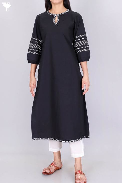 40s Cotton Kurta With Mulmul Dupatta In Block Print