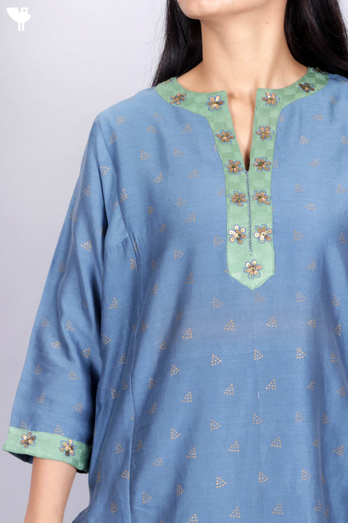 Chanderi Silk Kurta Dupatta Set With Gold Block Print