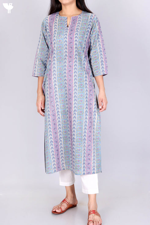 Terry Voile Kurta With Kota Dupatta In Floral Block Print