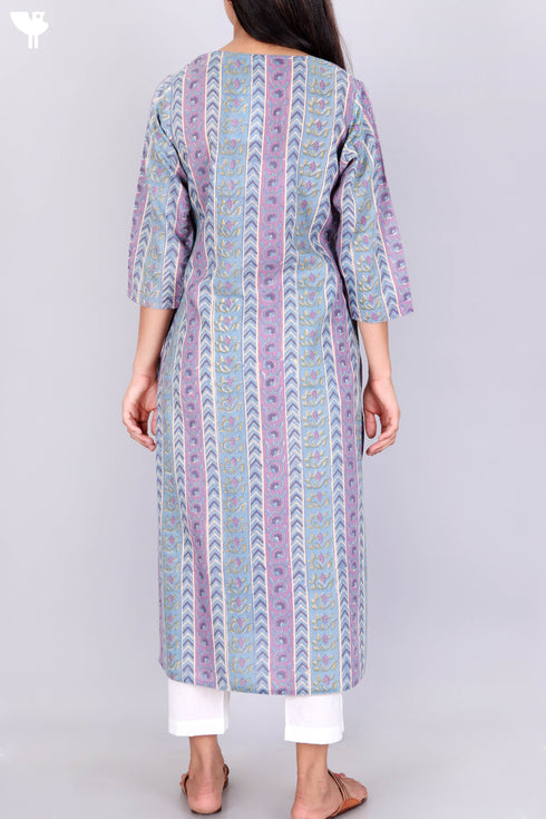 Terry Voile Kurta With Kota Dupatta In Floral Block Print