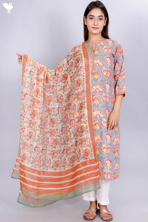 Terry Voile Kurta With Kota Dupatta In Floral Block Print