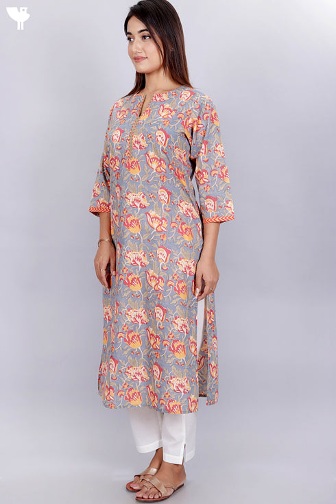 Terry Voile Kurta With Kota Dupatta In Floral Block Print