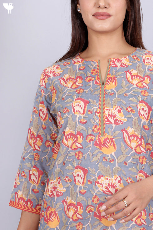 Terry Voile Kurta With Kota Dupatta In Floral Block Print