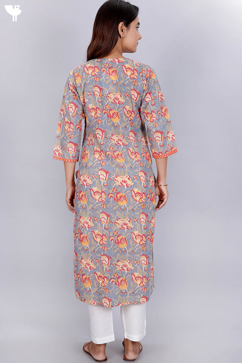 Terry Voile Kurta With Kota Dupatta In Floral Block Print