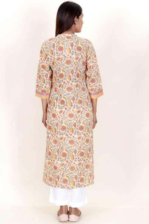 Terry Voile Kurta With Kota Dupatta In Floral Block Print