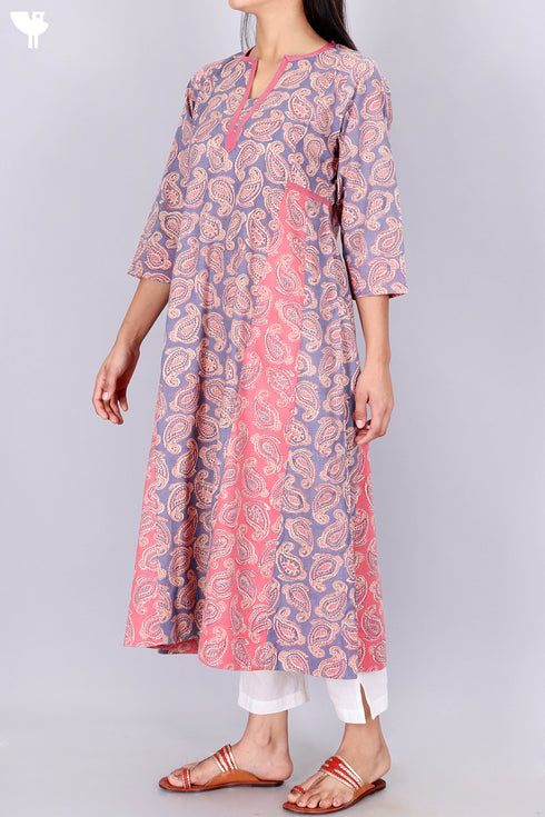 Terry Voile Kurta And Chiffon Dupatta Set In Paisley Block Print