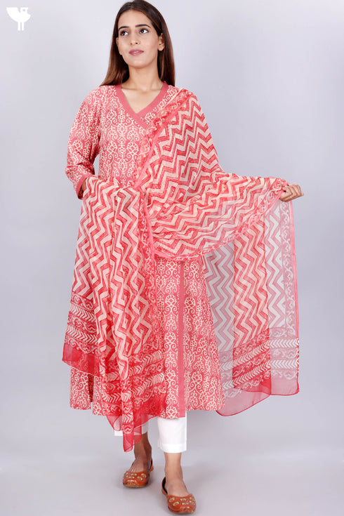 Terry Voile Kurta And Chiffon Dupatta Set In Floral Block Print