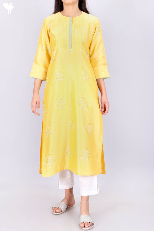 Chanderi Silk Kurta With Dupatta In Golden Yellow Floral Block Print