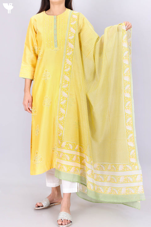 Chanderi Silk Kurta With Dupatta In Golden Yellow Floral Block Print