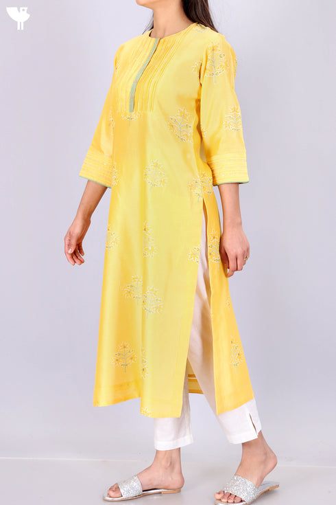 Chanderi Silk Kurta With Dupatta In Golden Yellow Floral Block Print