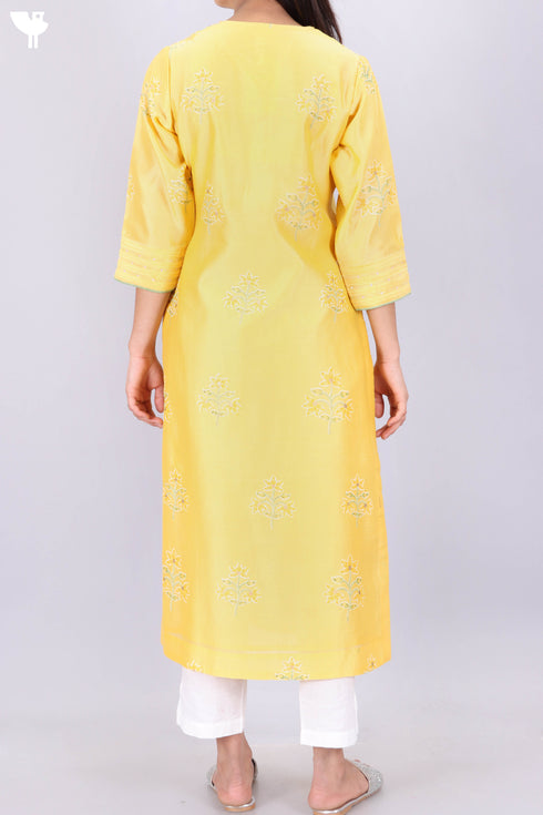 Chanderi Silk Kurta With Dupatta In Golden Yellow Floral Block Print