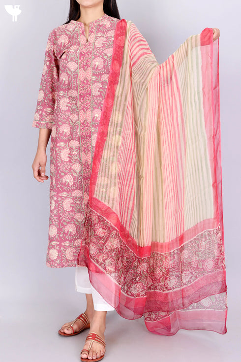 Terry Voile Kurta With Chiffon Dupatta In Floral Block Print