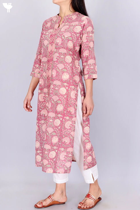 Terry Voile Kurta With Chiffon Dupatta In Floral Block Print