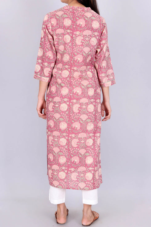 Terry Voile Kurta With Chiffon Dupatta In Floral Block Print