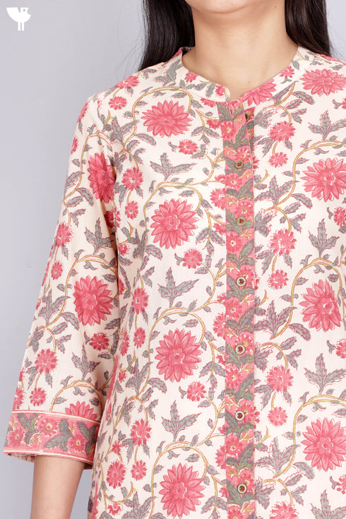 Terry Voile Kurta With Chiffon Dupatta In Floral Block Print