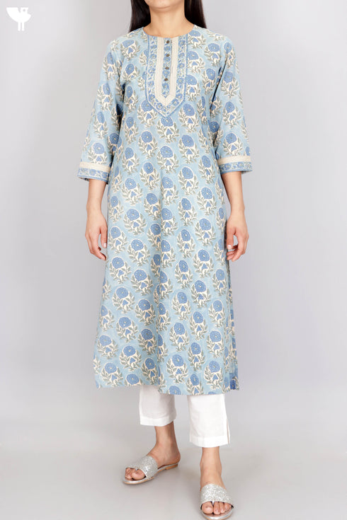 Terry Voile Kurta With Chiffon Dupatta In Floral Block Print