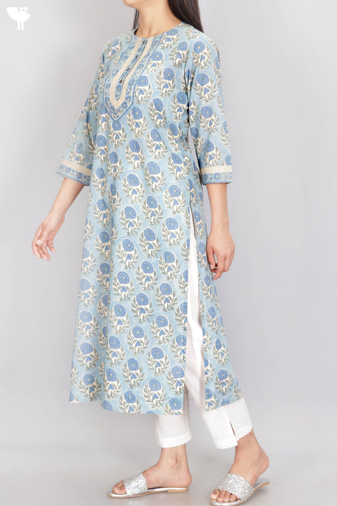 Terry Voile Kurta With Chiffon Dupatta In Floral Block Print
