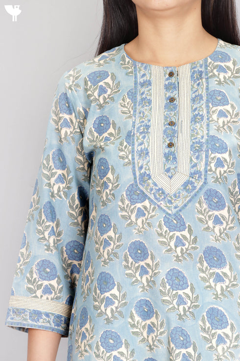 Terry Voile Kurta With Chiffon Dupatta In Floral Block Print