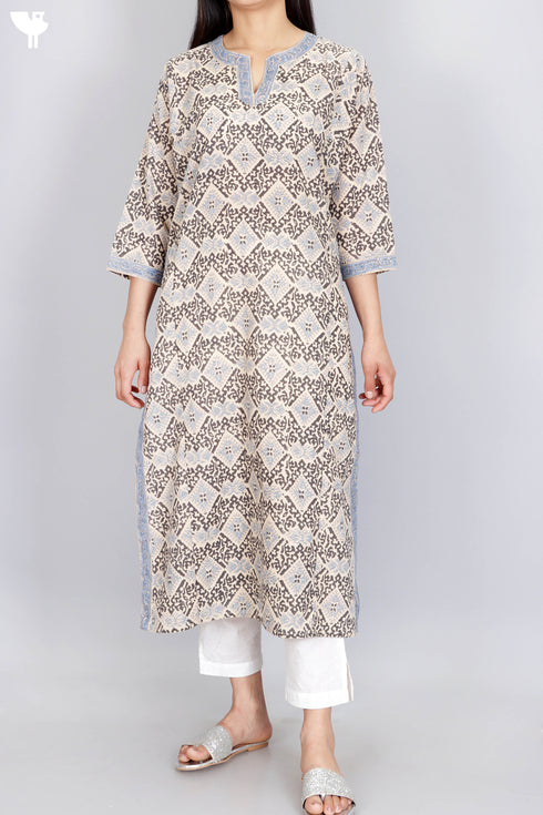 Terry Voile Kurta With Chiffon Dupatta In Block Print