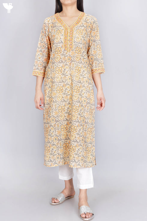 Terry Voile Kurta With Chiffon Dupatta In Floral Block Print
