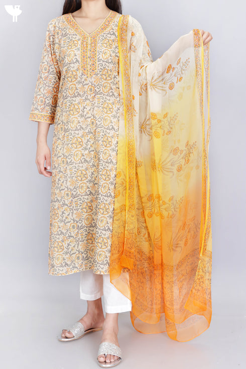 Terry Voile Kurta With Chiffon Dupatta In Floral Block Print