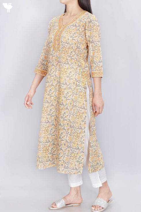 Terry Voile Kurta With Chiffon Dupatta In Floral Block Print