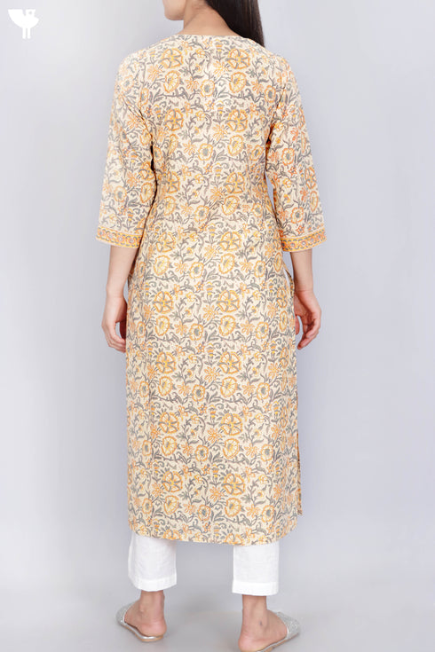 Terry Voile Kurta With Chiffon Dupatta In Floral Block Print