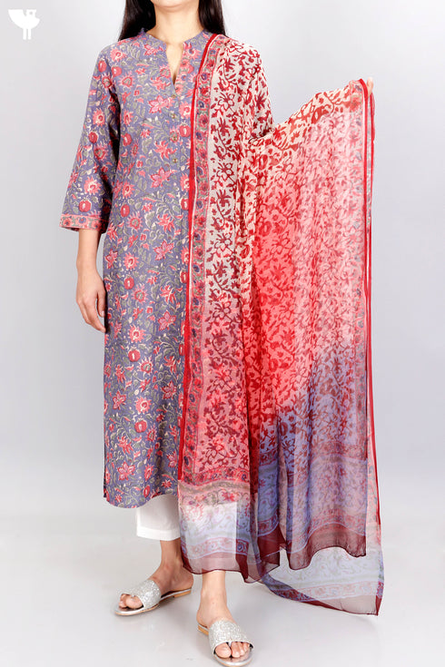 Terry Voile Kurta With Chiffon Dupatta In Floral Block Print